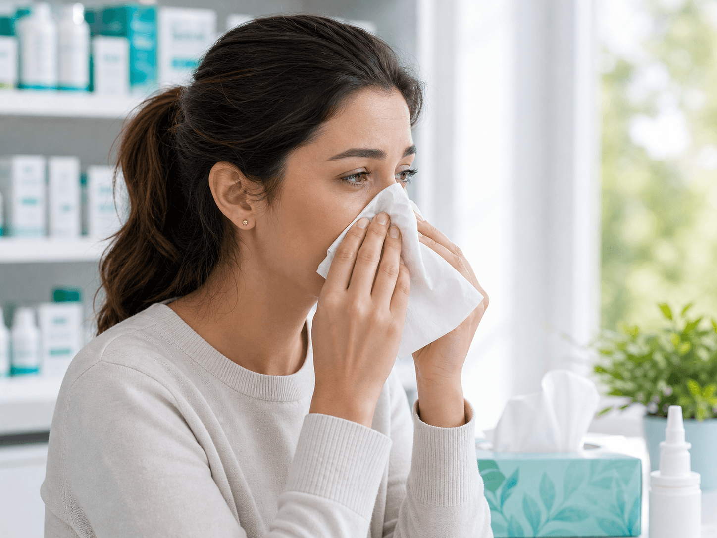 Generated clinical photo showing a person using a tissue for allergic rhinitis symptoms