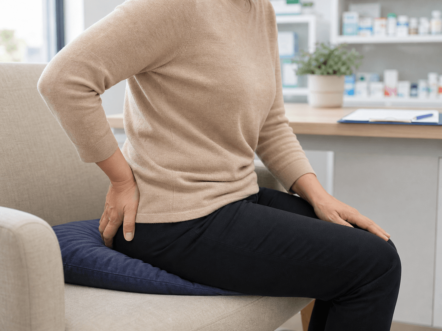 Generated clinical photo showing a clothed adult seated on a cushion with anorectal discomfort