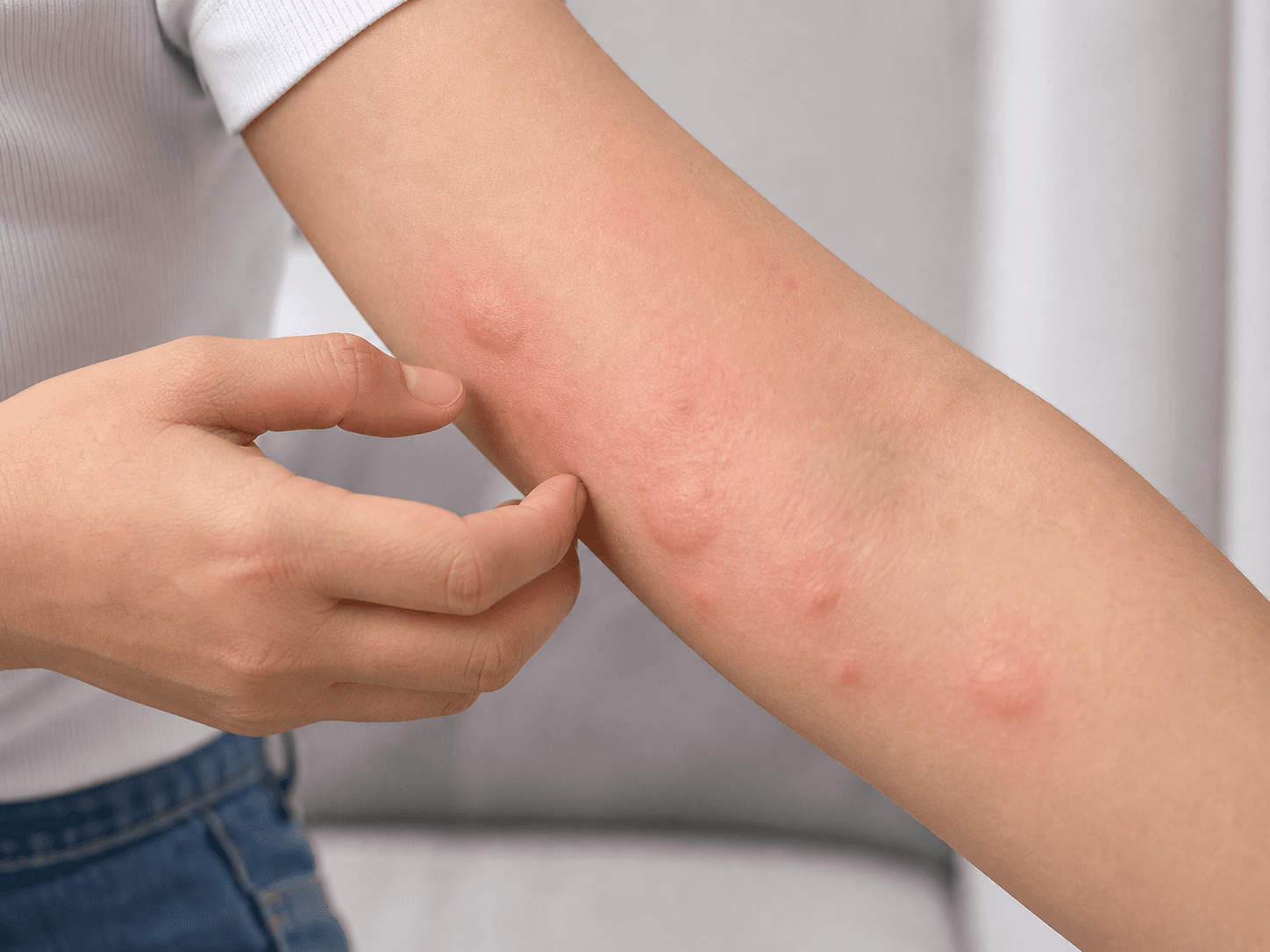 Generated clinical photo showing raised hives and insect bite-like welts on the forearm