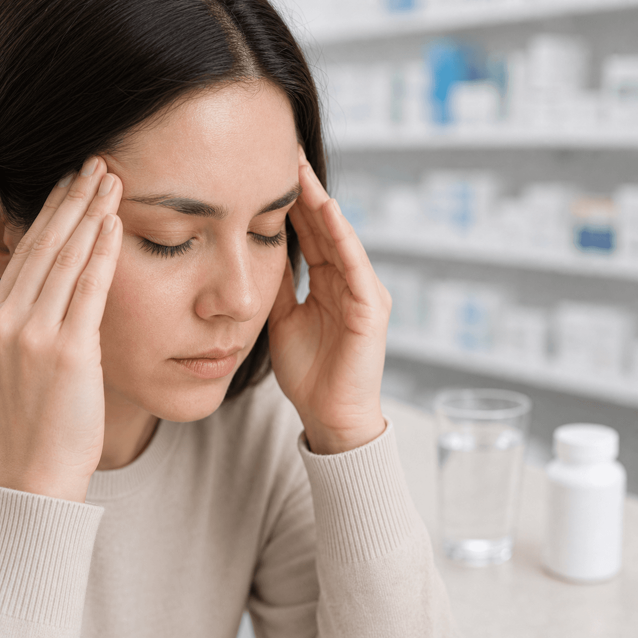 Generated clinical photo showing an adult pressing their temples during a mild tension-type headache