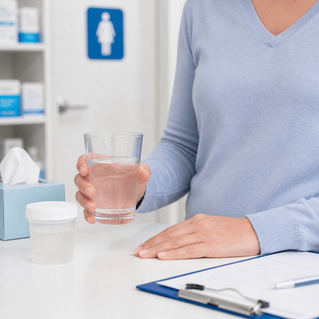 Generated clinical photo showing a urinary tract infection consultation with a water glass and restroom symbol