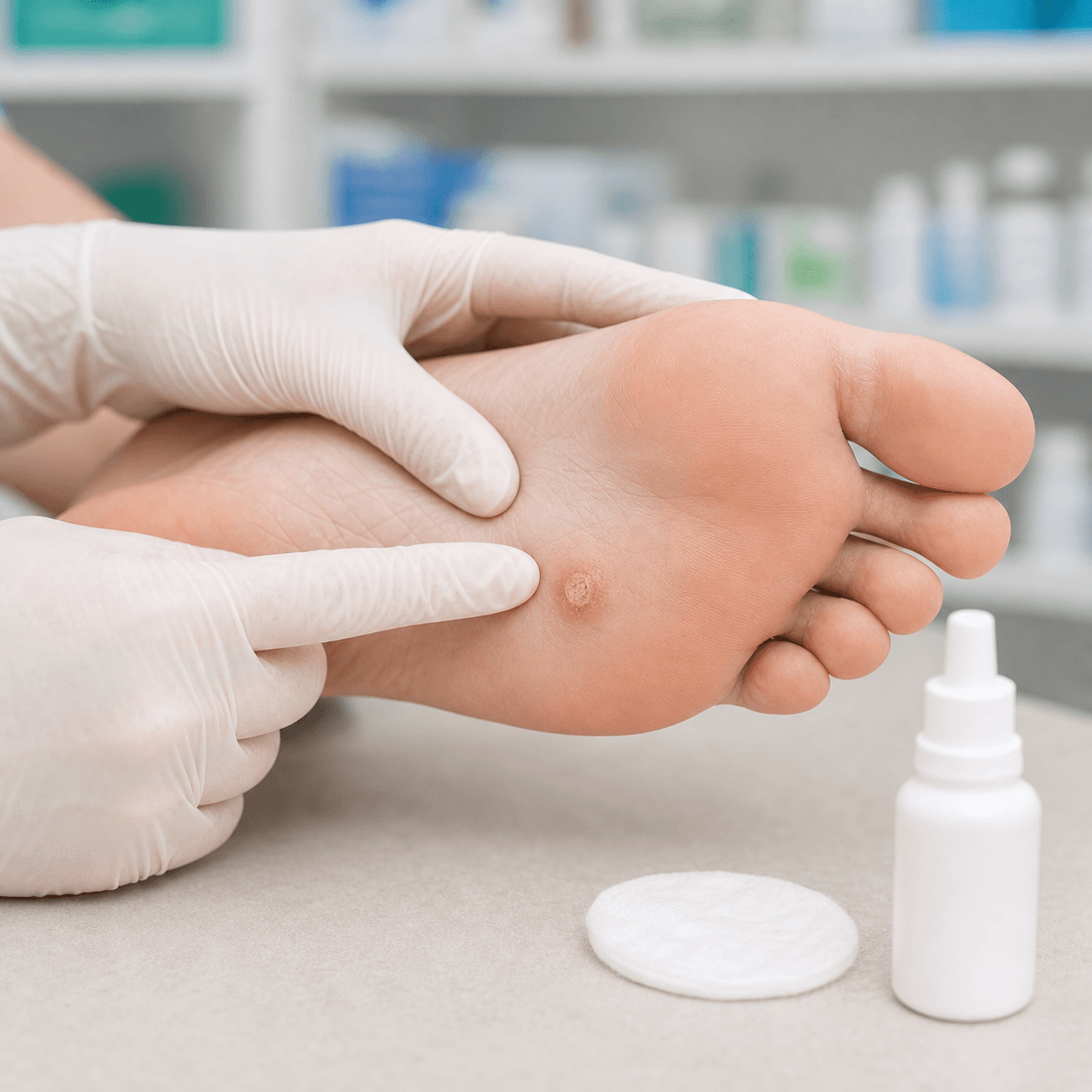 Generated clinical photo showing a plantar wart being examined with a gloved hand in a pharmacy consultation