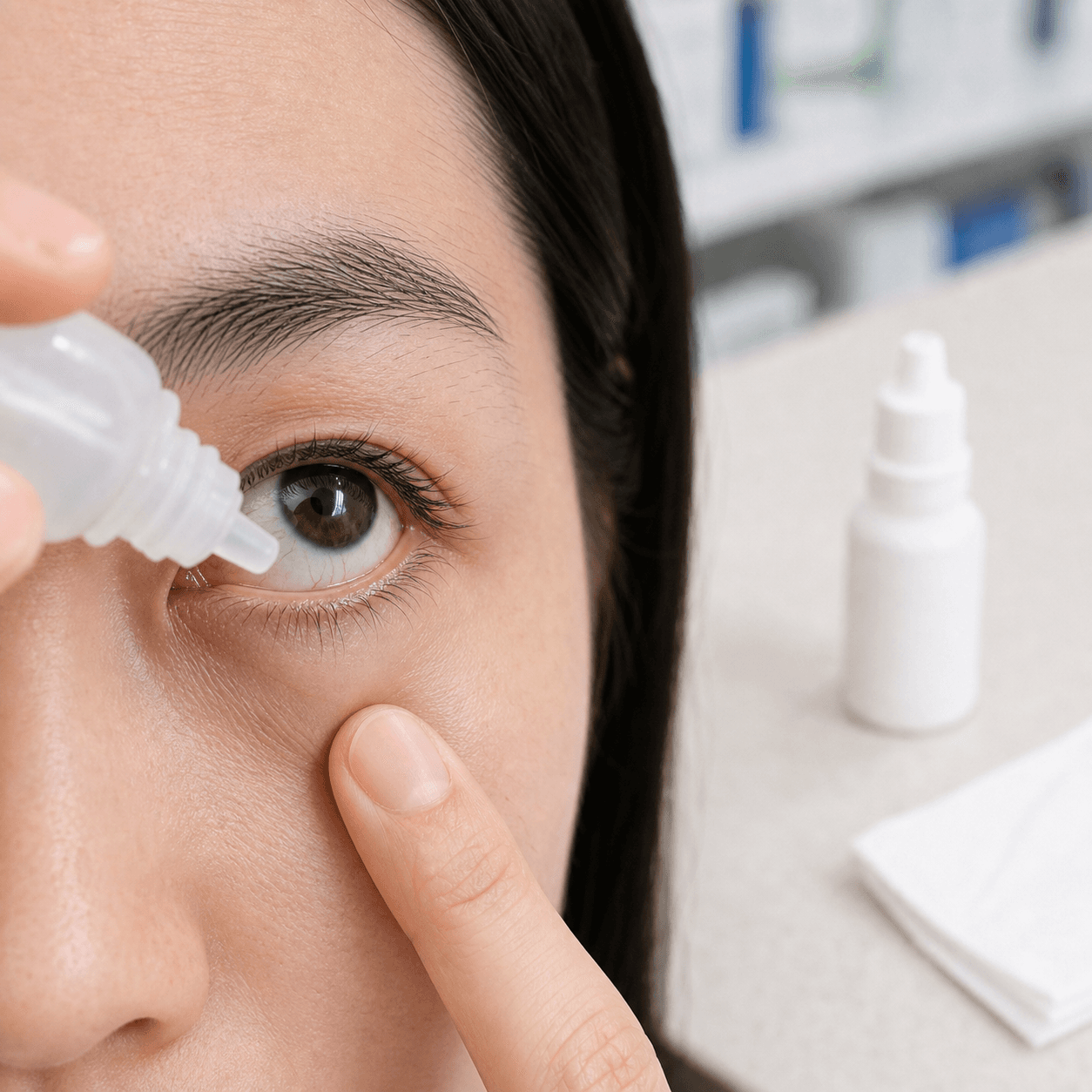 Generated clinical photo showing lubricating eye drops beside a mildly irritated eye during a pharmacy consultation