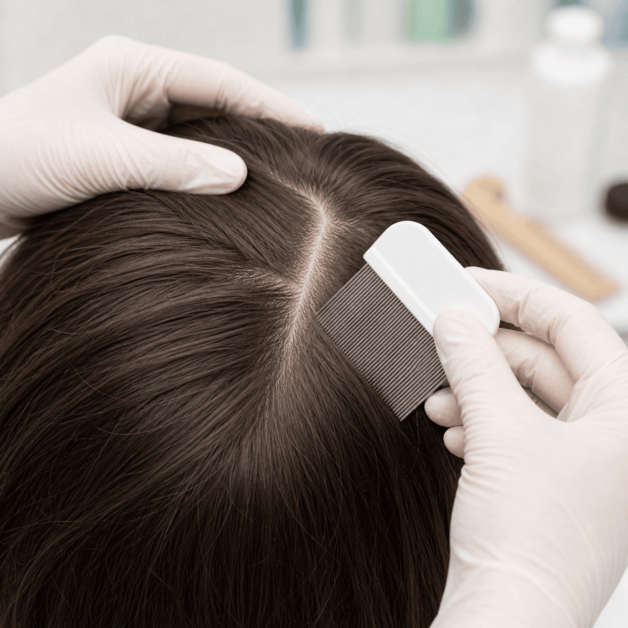 Generated clinical photo showing a non-identifiable scalp head lice check with a fine-tooth comb