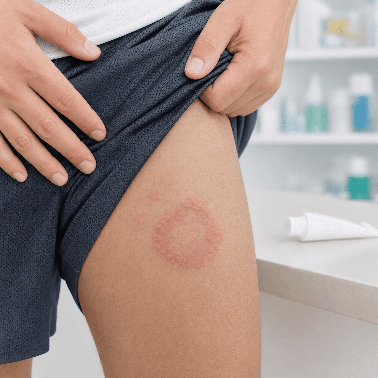 Generated clinical photo showing a modest non-identifiable upper-thigh tinea cruris rash with antifungal treatment supplies
