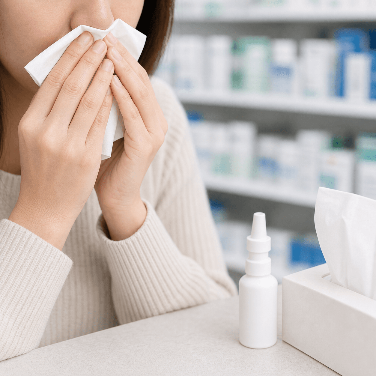 Generated clinical photo showing nasal congestion with a tissue, saline spray, and pharmacy consultation background