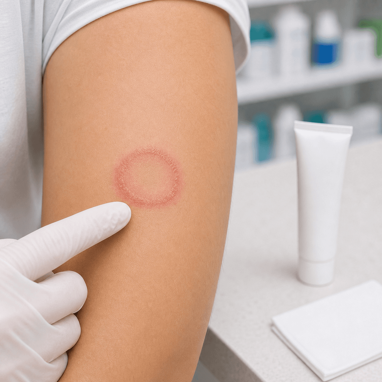 Generated clinical photo showing a ring-shaped tinea corporis rash on the arm during a pharmacy consultation