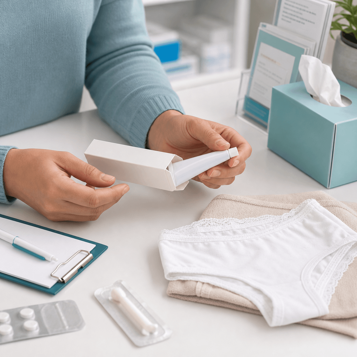 Generated clinical photo showing a discreet yeast infection consultation with antifungal treatment supplies
